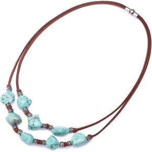 Turquoise Necklace for Women Bohemian Choker Handmade Suede Pendant Jewelry